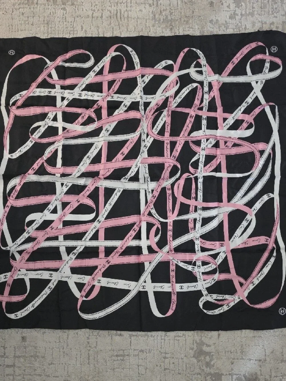 CHANEL Pink and Black Ribbon Scarf